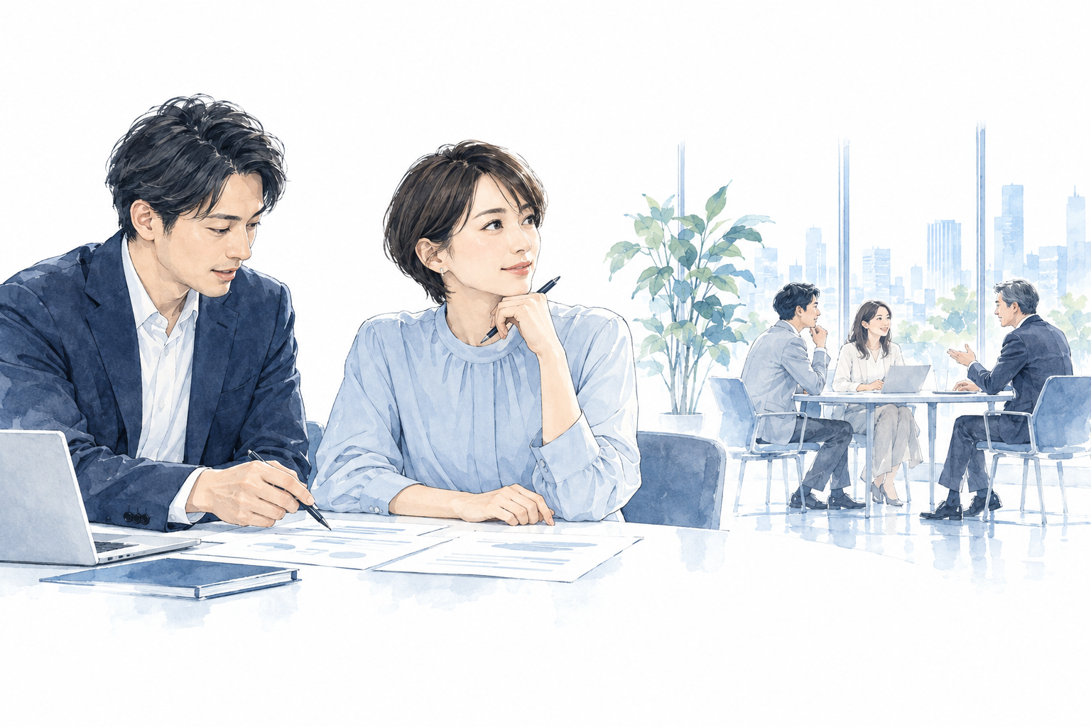 手前では担当者が提案書を整え、奥では相手のチームが自分たちの仕事を検討している
